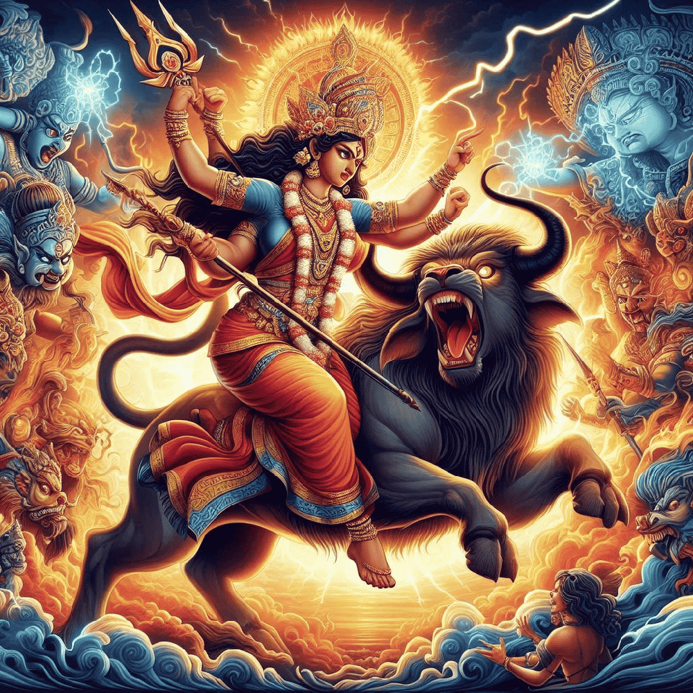 Durga defeating Mahishasura